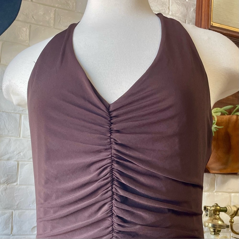 VTG Y2K BCBG MAXAZRIA Brown Ruched Halter Chiffon Ribbon Asymmetrical Dress - Picture 5 of 16